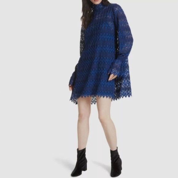 Free People Simone Blue Crochet Mini Dress With Lace Bell Sleeves Size Small - Picture 7 of 15